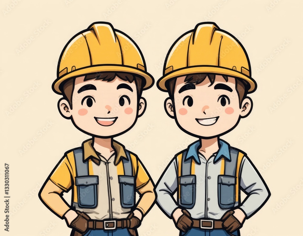 Cartoon Builders Smiling Wearing Hard Hats and Work Attire Characters Cartoon Builders Smiling Wearing Hard Hats and Work Attire Characters