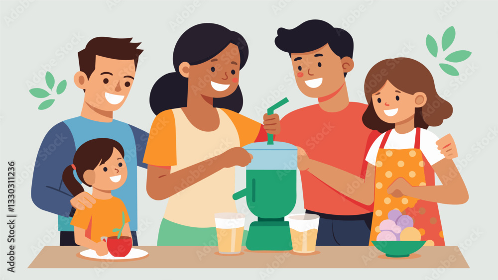 The soft hum of a manual blender mixes with the chatter of a lively family gathering where everyone takes turns making horchata as a special treat.. Vector illustration The soft hum of a manual blender mixes with the chatter of a lively family gathering where everyone takes turns making horchata as a special treat.. Vector illustration