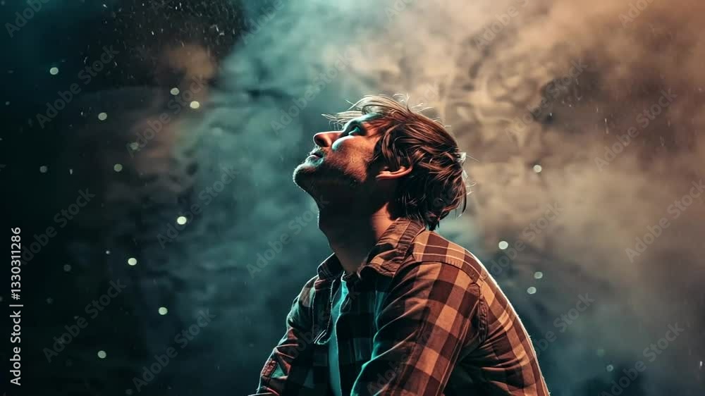 Mann blickt nach oben in Licht