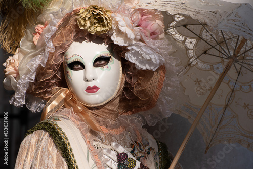 Elegant Venetian Carnival Mask with Lace parasol and Flowers