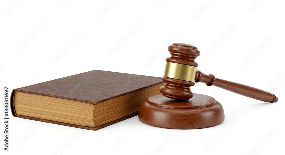 Wooden Gavel Resting on a Block Next to Brown Leather Book Wooden Gavel Resting on a Block Next to Brown Leather Book