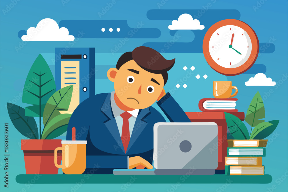 A successful worker appears tired while concentrating on urgent tasks with a deadline approaching, Tired and successful worker, close to deadline, A successful worker appears tired while concentrating on urgent tasks with a deadline approaching, Tired and successful worker, close to deadline,