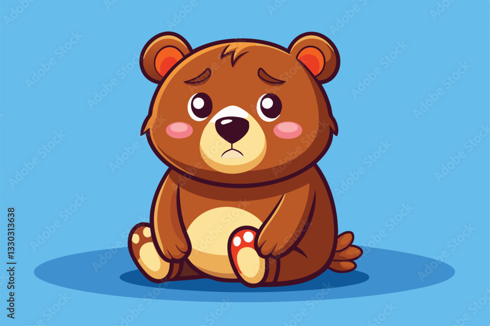 Obraz premium A cute cartoon bear appears tired, sitting quietly on a blue backdrop, showcasing its adorable features, Tired cute cartoon bear