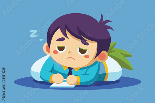 A young boy rests lazily on a pillow, looking tired while writing on a notepad, capturing a moment of relaxation, Tiredness Customizable Cartoon Illustration
