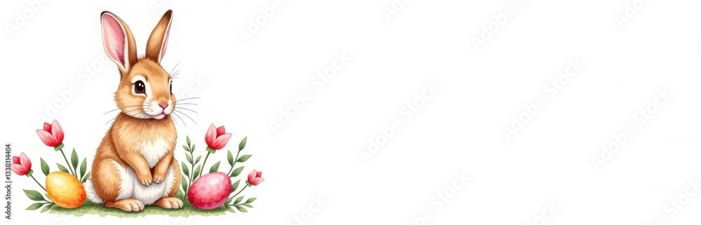 Fototapeta premium Banner aquarel colour eggs and rabbit with free space, pastel colours. Easter concept