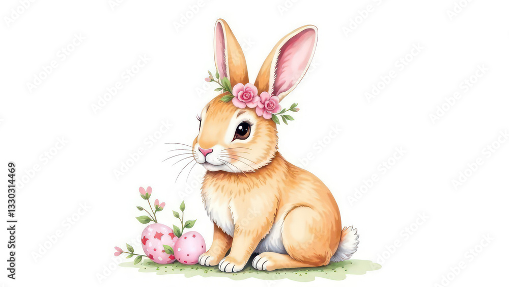 Fototapeta premium floral easter rabbit watercolor drawing on white background 