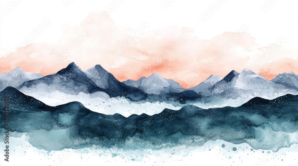 Fototapeta premium Watercolor mountain range landscape with a soft pastel sky abstract painting