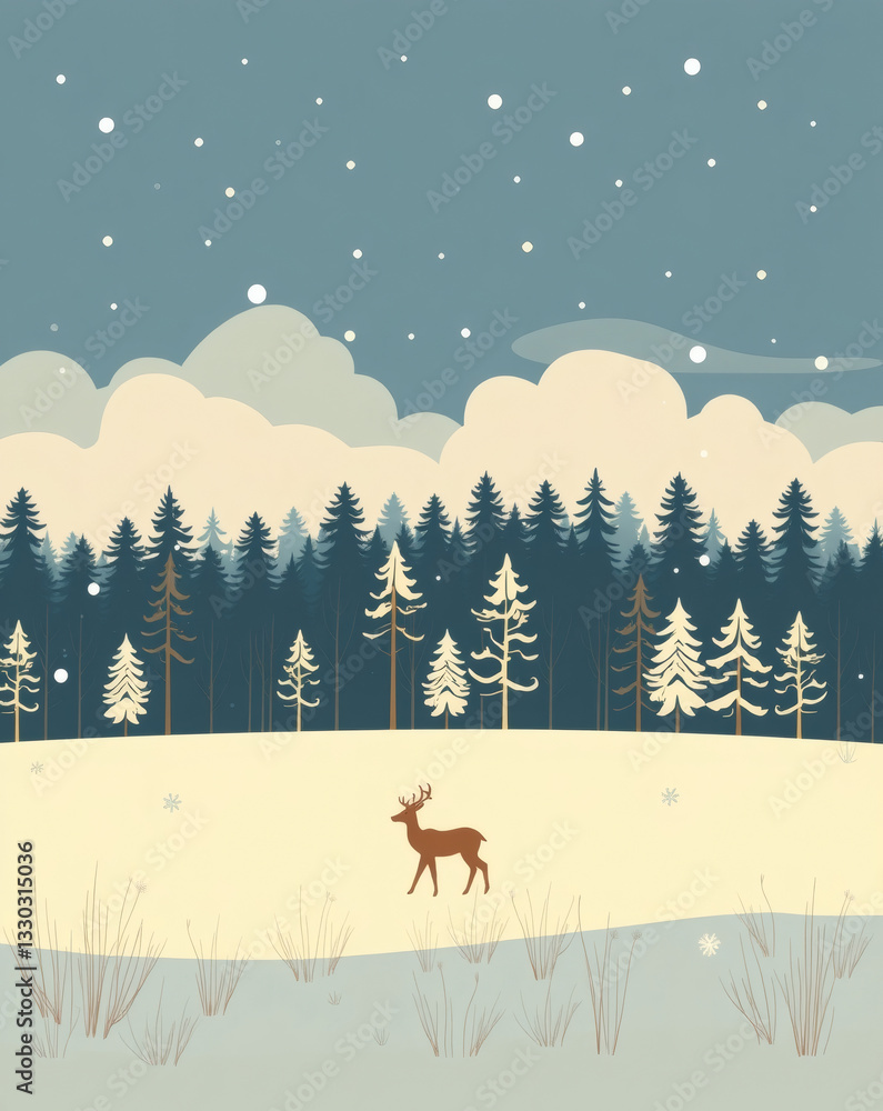 Snowy woodland landscape featuring a solitary deer wandering through a tranquil winter wonderland Snowy woodland landscape featuring a solitary deer wandering through a tranquil winter wonderland