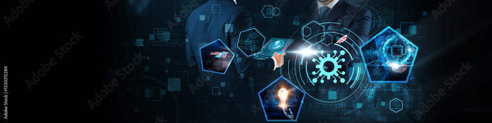 Obraz premium Digitization Concept: Automation, data integration, cloud computing, digital transformation, process optimization, real-time analytics, and collaborative tools on global business network.