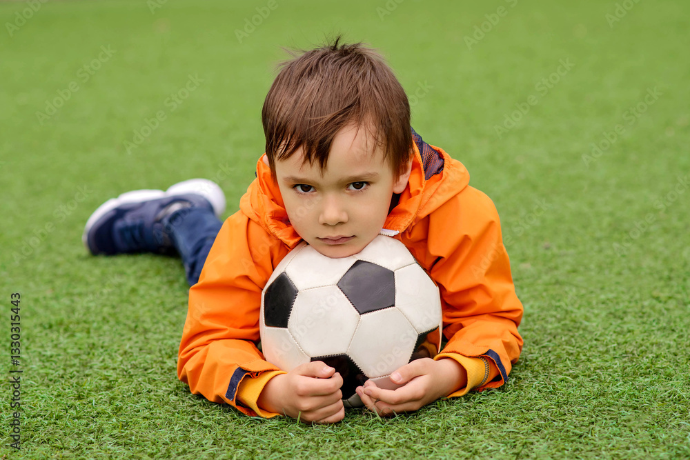Obraz premium Young boy in orange jacket lies on football field, hugging soccer ball with serious or sad look. Maybe his team lost. Passion for sports, childhood dreams, and competition emotions concept 