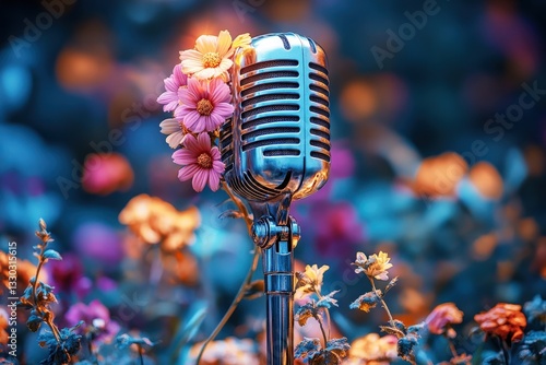 Unique microphone surrounded by vibrant flowers captures the essence of creativity and expression in a magical garden setting