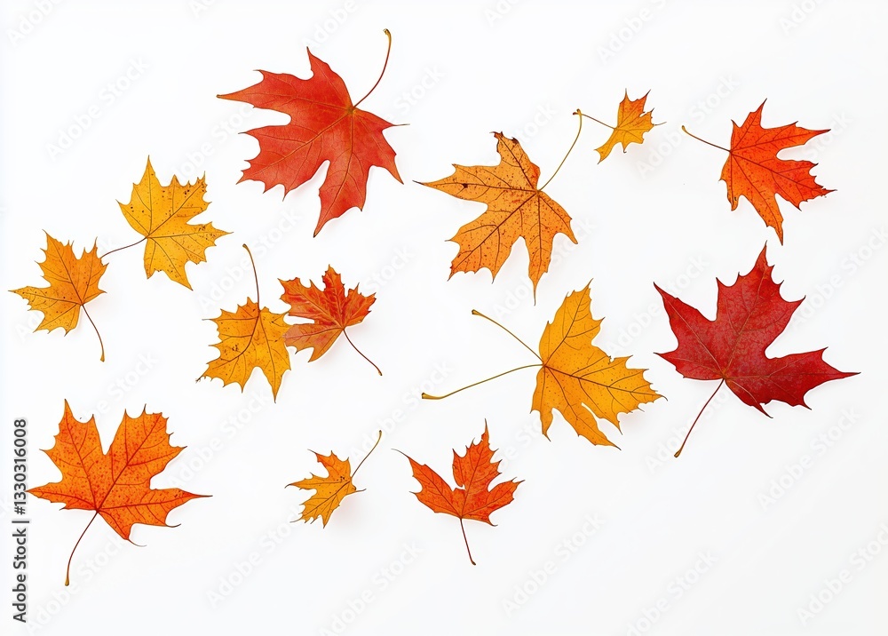 Colorful autumn maple leaves falling through the air on white background Colorful autumn maple leaves falling through the air on white background