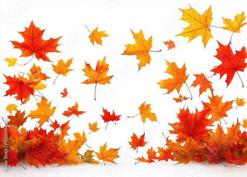 Autumn maple leaves falling on white background with clipping path