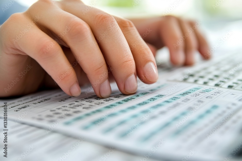 Hands are actively typing financial figures into a spreadsheet while managing important data in a professional office environment, showcasing precision and focus Hands are actively typing financial figures into a spreadsheet while managing important data in a professional office environment, showcasing precision and focus