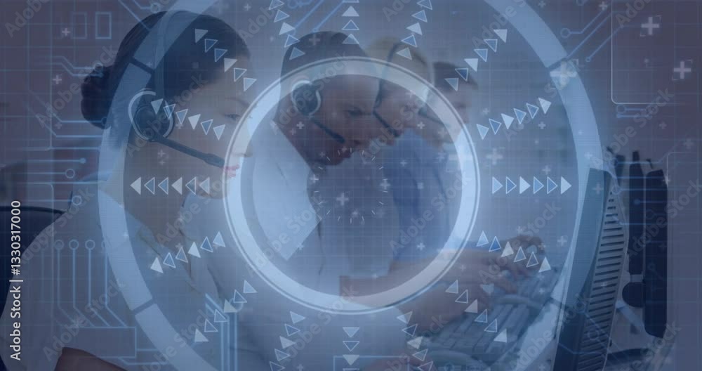 Working in call center, employees using digital interface with animation elements Working in call center, employees using digital interface with animation elements