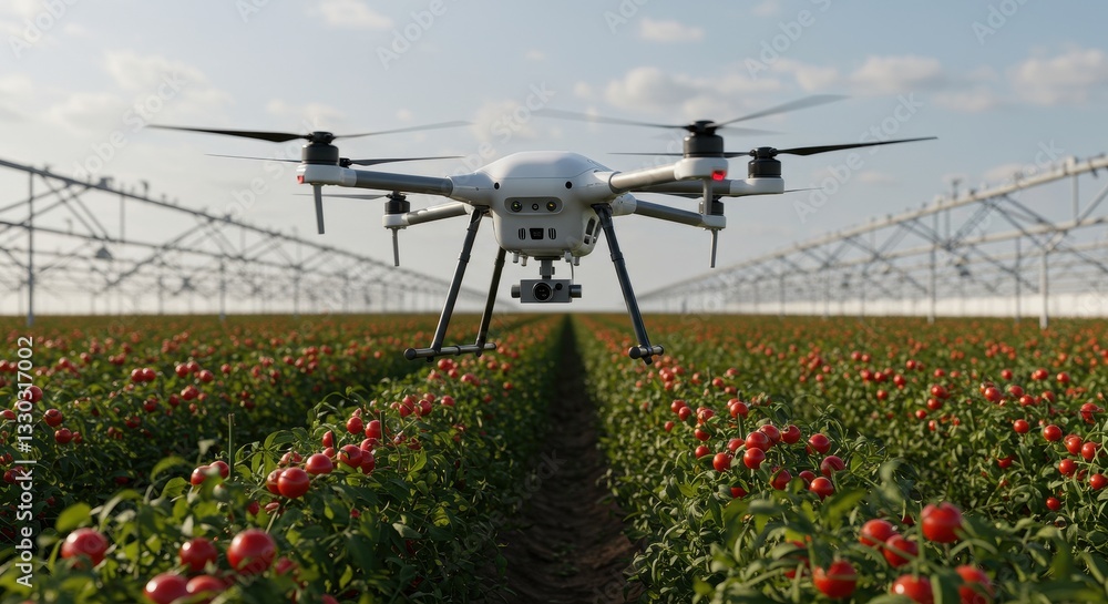 Technological advancements enhance farming as drones survey vibrant tomato plants under blue sky Technological advancements enhance farming as drones survey vibrant tomato plants under blue sky