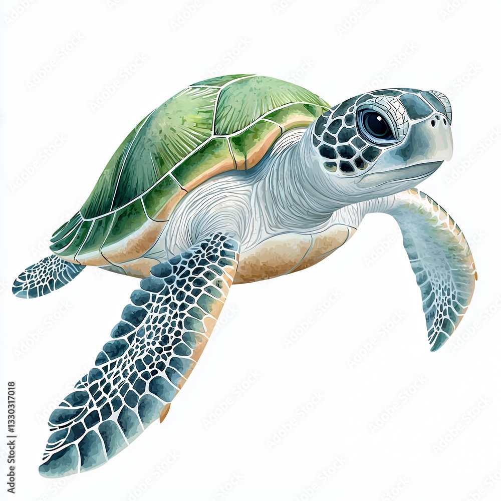 Obraz premium Detailed Green and Blue Grey Sea Turtle Illustration on White Background