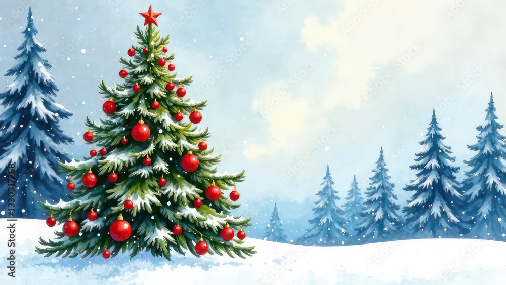 watercolour Christmas tree with red baubles standing in snowy landscape watercolour Christmas tree with red baubles standing in snowy landscape