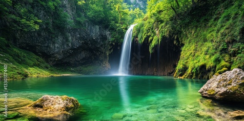 A beautiful waterfall cascades into a vibrant turquoise lake