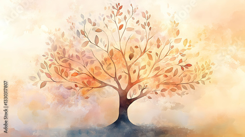 Watercolor family tree with delicate branches and soft tones, leaves representing generations, symbolizing family heritage and connections.illustration