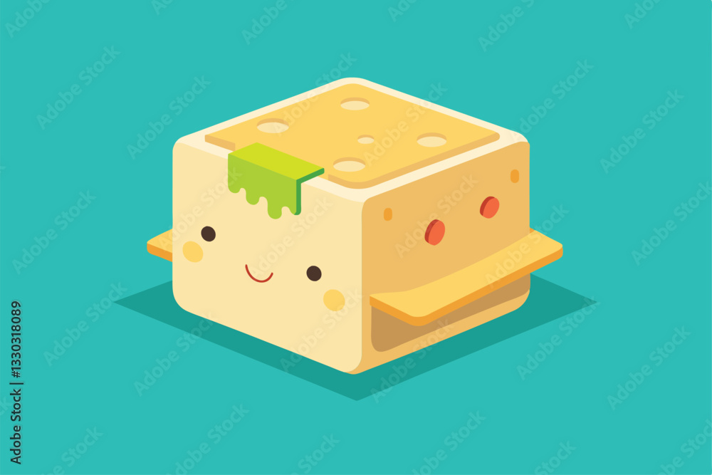 Obraz premium A playful flat tofu character featuring a cheerful expression and customizable toppings, Tofu Customizable Flat Illustration