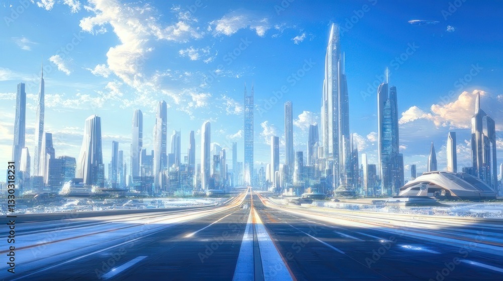 Naklejka premium Futuristic city skyline with wide road