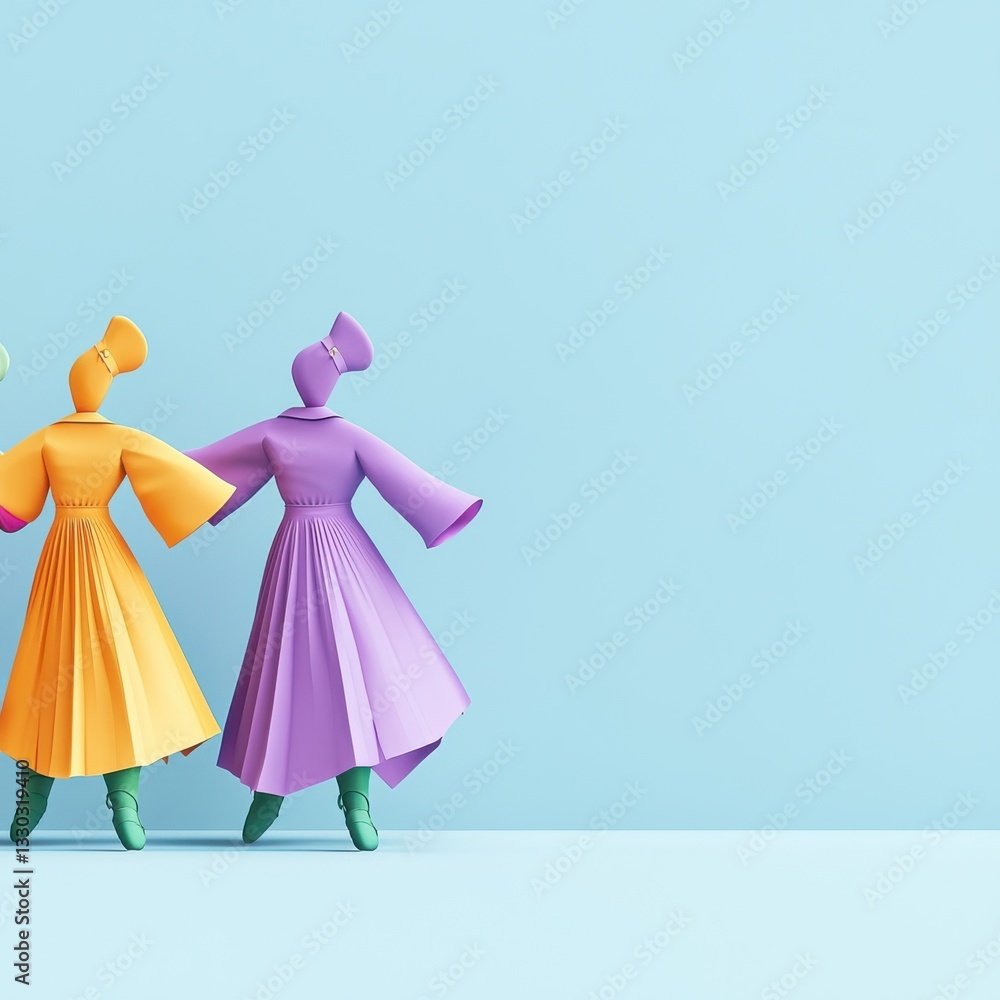 Colorful, stylized figures in vibrant dresses stand together against a calm blue background, suggesting creativity and playfulness. Colorful, stylized figures in vibrant dresses stand together against a calm blue background, suggesting creativity and playfulness.