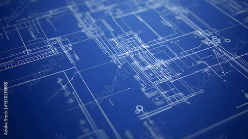 Abstract Blueprint Complex Network of Lines and Connections on a Blue Background