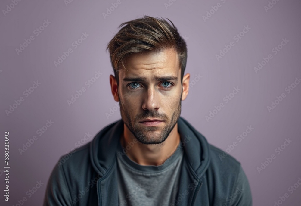 Fototapeta premium Photorealistic male portrait with cold-colored pastel background