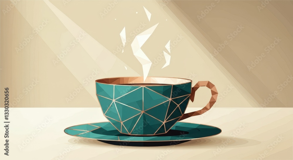 Low polygon art style turquoise coffee cup with steam rising on a saucer against a beige background, showcasing geometric design for modern decor concepts Low polygon art style turquoise coffee cup with steam rising on a saucer against a beige background, showcasing geometric design for modern decor concepts