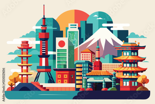 A vibrant representation of Tokyo's skyline showcases famous landmarks and a beautiful sunset backdrop, Tokyo Customizable Disproportionate Illustration