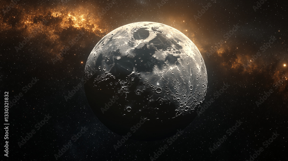 Obraz premium Moon surface with detailed craters against cosmic background with golden nebula cloud and stars. Space exploration concept showing lunar landscape in realistic astronomical illustration