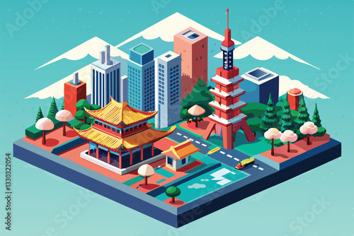 Explore a dynamic Tokyo cityscape featuring a blend of traditional and modern structures with lush greenery, Tokyo Customizable Isometric Illustration