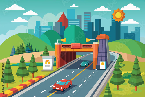 A vibrant cartoon scene featuring a toll road with cars traveling towards a city skyline surrounded by hills, Toll road Customizable Cartoon Illustration
