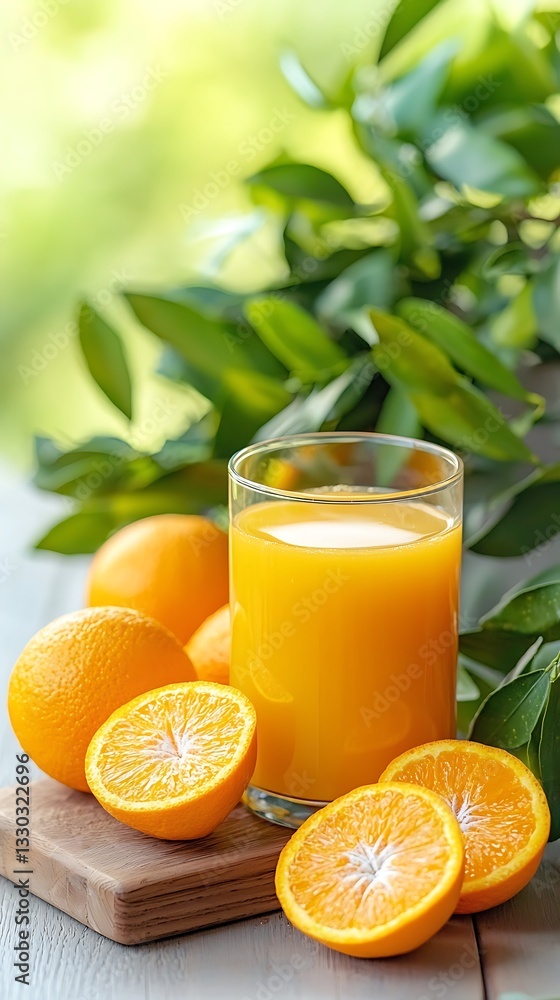 Fresh Orange Juice with Oranges and Green Leaves Fresh Orange Juice with Oranges and Green Leaves