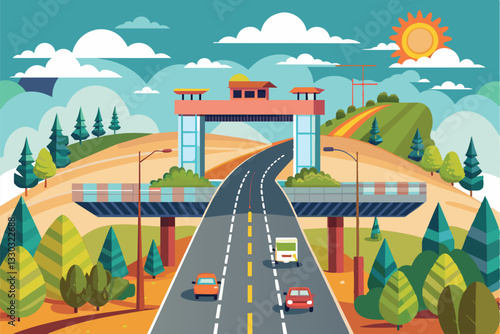 A colorful toll road winds through a hilly area with cars, trees, and a bright sun overhead, Toll road Customizable Disproportionate Illustration