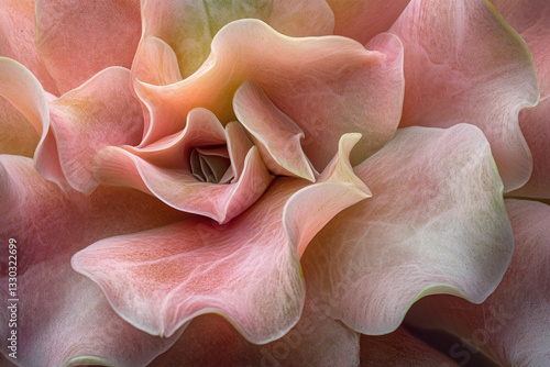 Delicate pink rose petals unfurling in a serene garden during the golden hour light