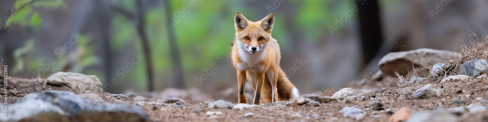 Fototapeta premium A fox is standing in the woods. The image has a mood of calmness and serenity