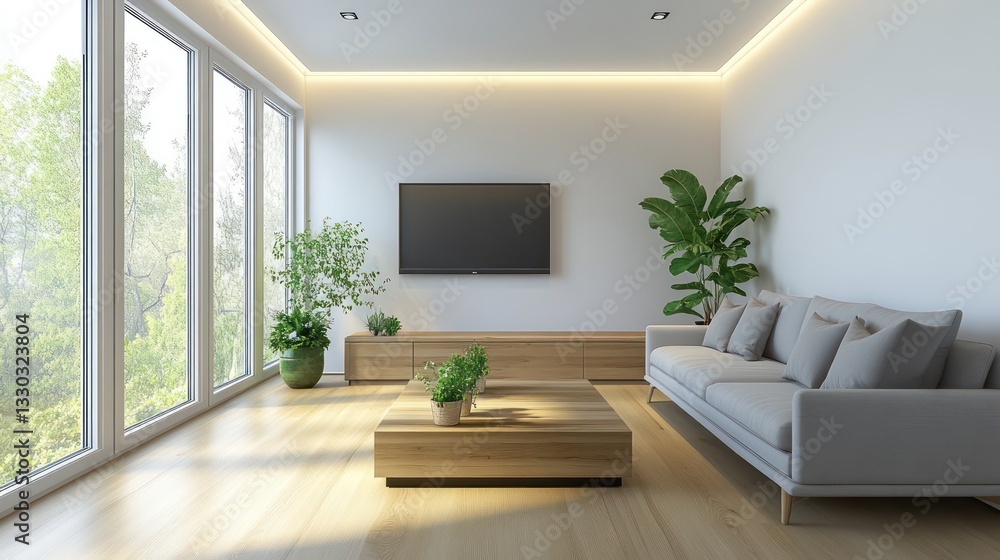 Fototapeta premium A minimalist modern living room with a light gray sofa and wooden coffee table, set against soft white walls