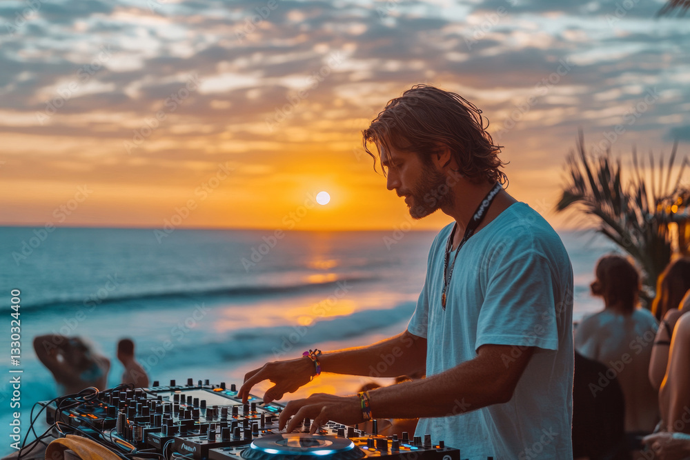 Fototapeta premium A DJ spins in front of an energetic crowd on the beach as the sun sets over the ocean. Tropical vibes fill the air, creating an electrifying atmosphere for partygoers