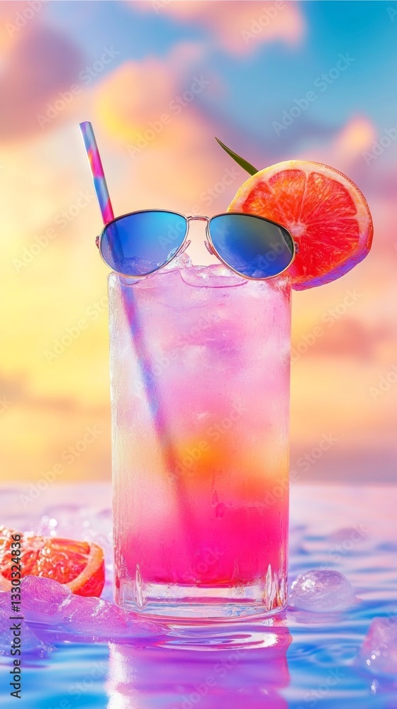 Refreshing summer cocktail with sunglasses and fruit served against a colorful sunset background