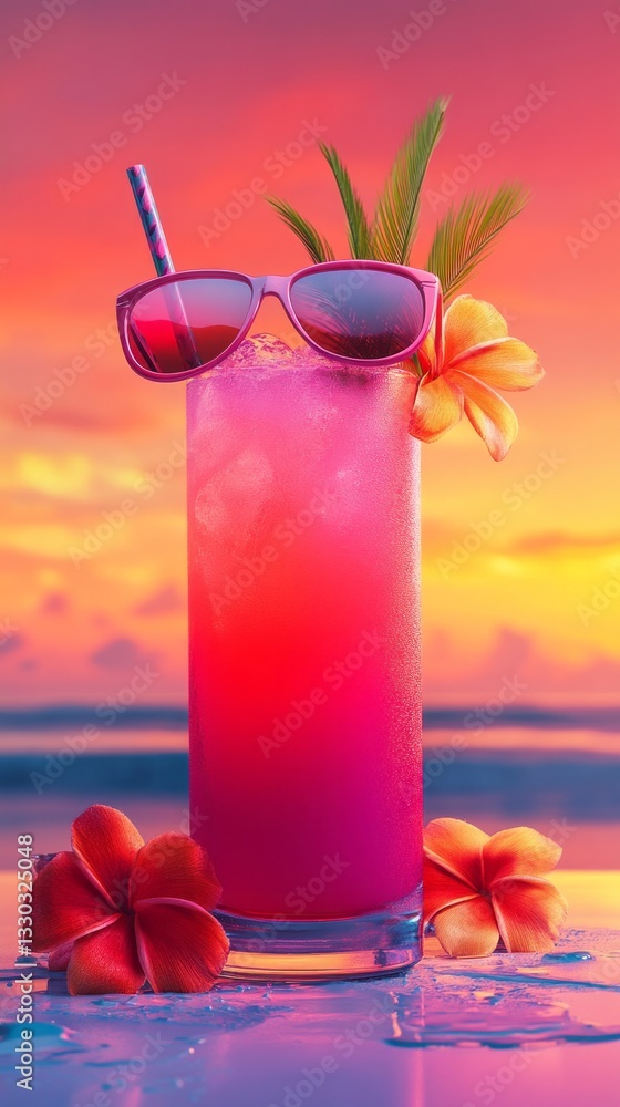 Vibrant tropical drink with sunglasses and flowers against a stunning sunset backdrop