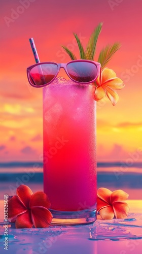 Obraz na płótnie Vibrant tropical drink with sunglasses and flowers against a stunning sunset backdrop w salonie