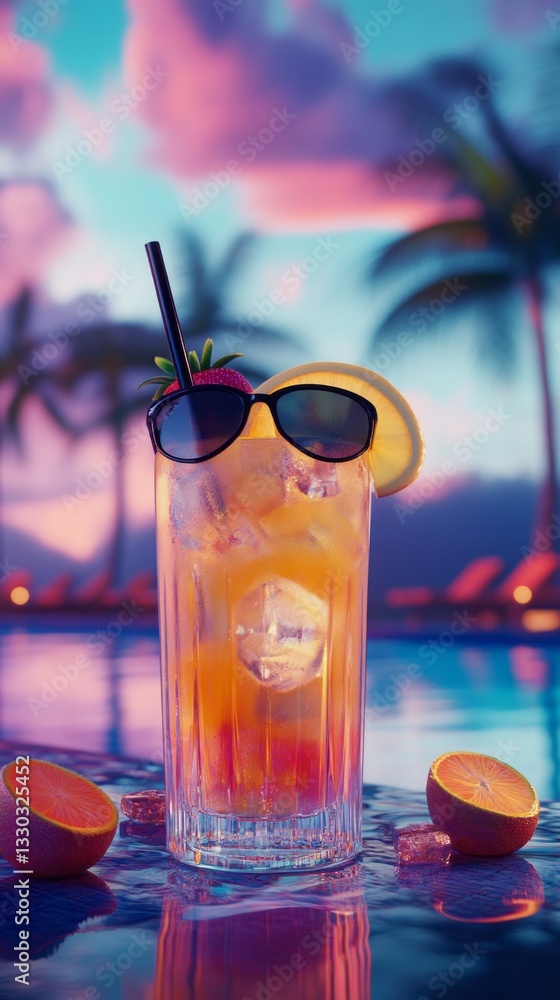 Refreshing summer drink by the poolside at sunset with tropical vibes and vibrant colors