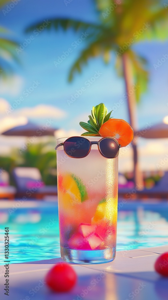 Refreshing tropical drink with sunglasses by the pool on a sunny day in a resort setting