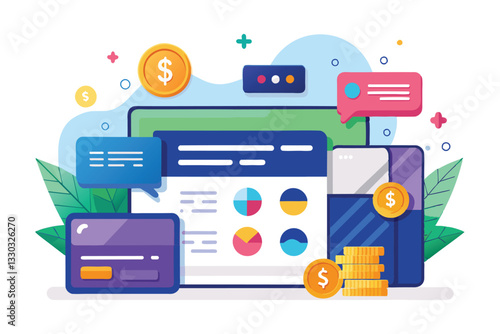 A digital interface reveals a customizable credit top-up process with colorful visuals and currency icons, Top up credit Customizable Semi Flat Illustration