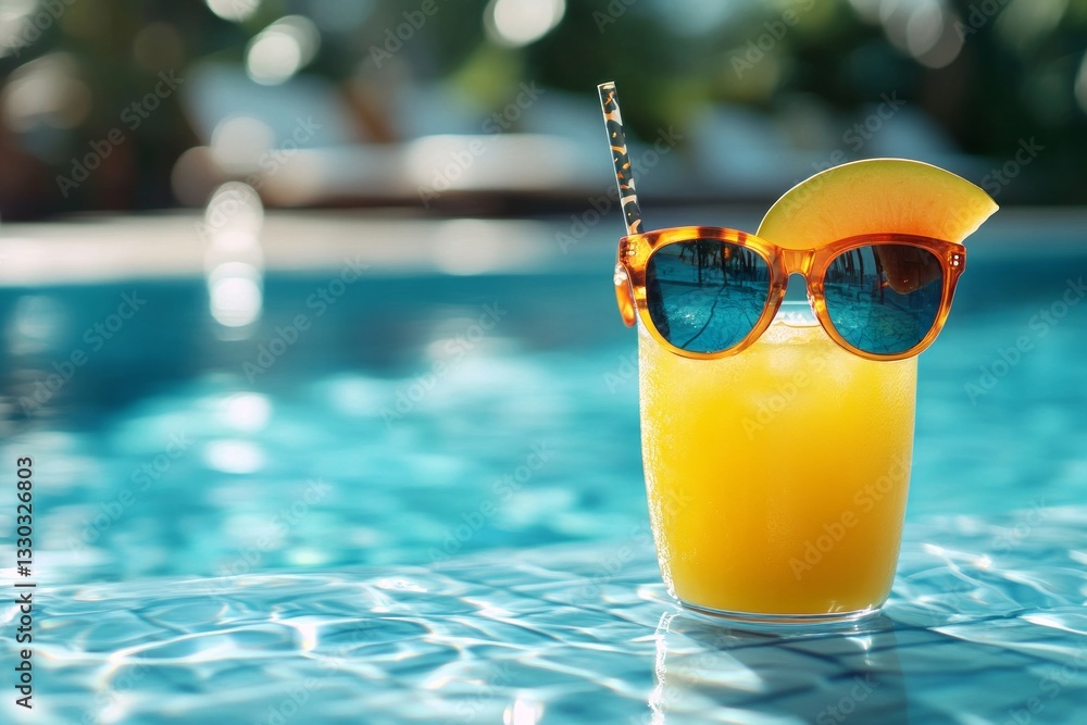 Refreshing yellow drink with sunglasses by the swimming pool on a sunny day