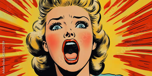 A comic book scene from the 1950s featuring a blonde woman screaming