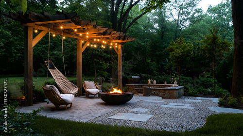 Backyard hardscape with stone patio, fire pit, and pergola, designed for outdoor relaxation 16:9 - Image #1 @fme39856