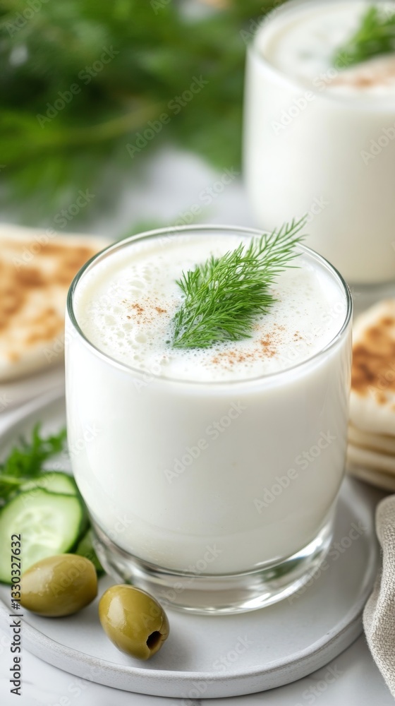 Experience refreshing Turkish ayran with fresh herbs, olives, and pita bread for an authentic Middle Eastern delight Experience refreshing Turkish ayran with fresh herbs, olives, and pita bread for an authentic Middle Eastern delight